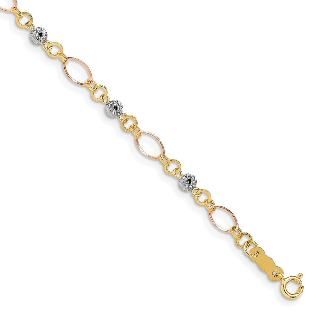 14k Yellow Gold Tri-color Polished Diamond-cut Ovals & Donut Beads Bracelet
